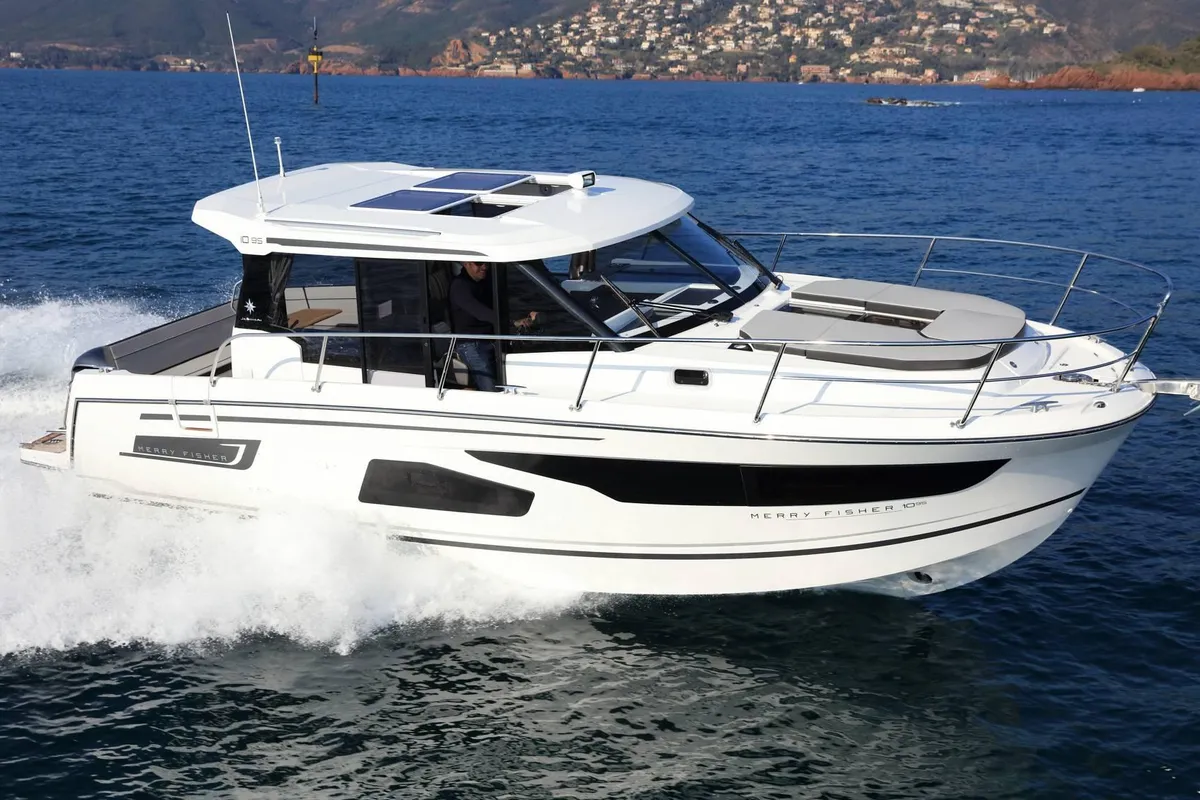 Exterior view of Hera II, a Jeanneau Merry Fisher 1095 motorboat at Bacoli, Italy