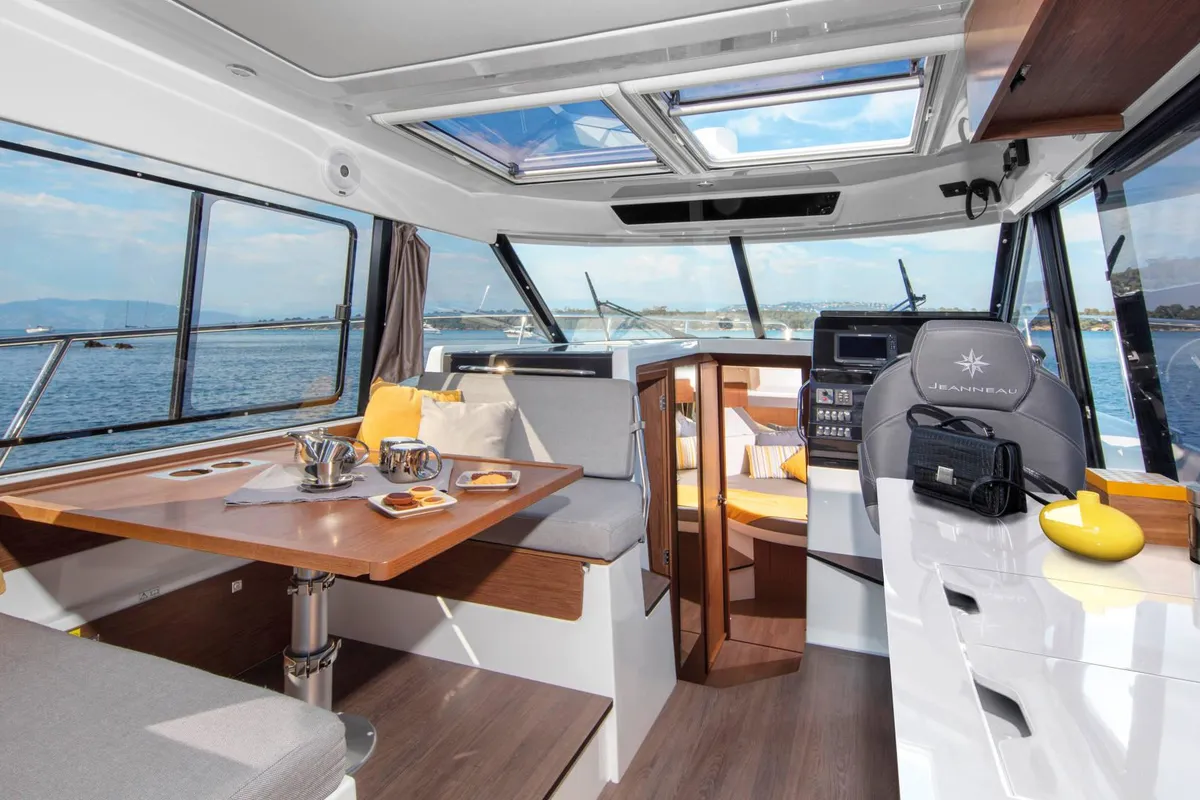 Salon of Hera II, a Jeanneau Merry Fisher 1095 motorboat at Bacoli, Italy