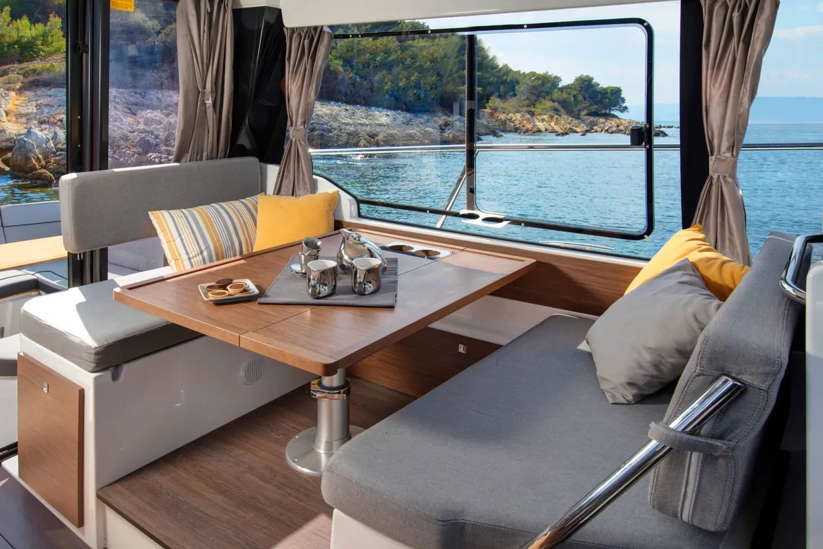 Salon of Hera II, a Jeanneau Merry Fisher 1095 motorboat at Bacoli, Italy