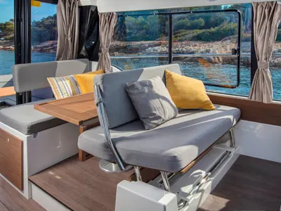 Cabin on Hera II, a Jeanneau Merry Fisher 1095 motorboat at Bacoli, Italy