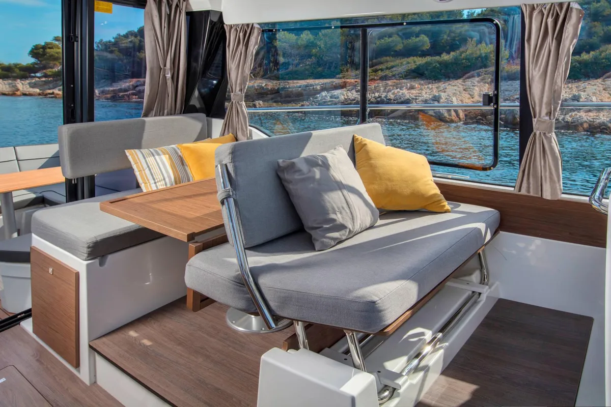 Cabin on Hera II, a Jeanneau Merry Fisher 1095 motorboat at Bacoli, Italy