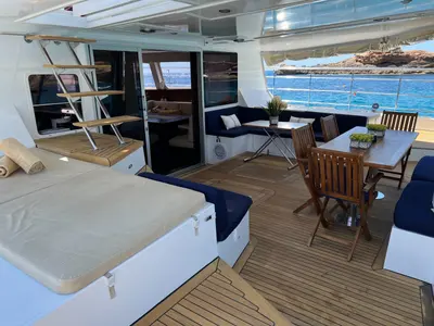 Deck of Tekila, a Sunreef 62 catamaran at Ibiza, Spain