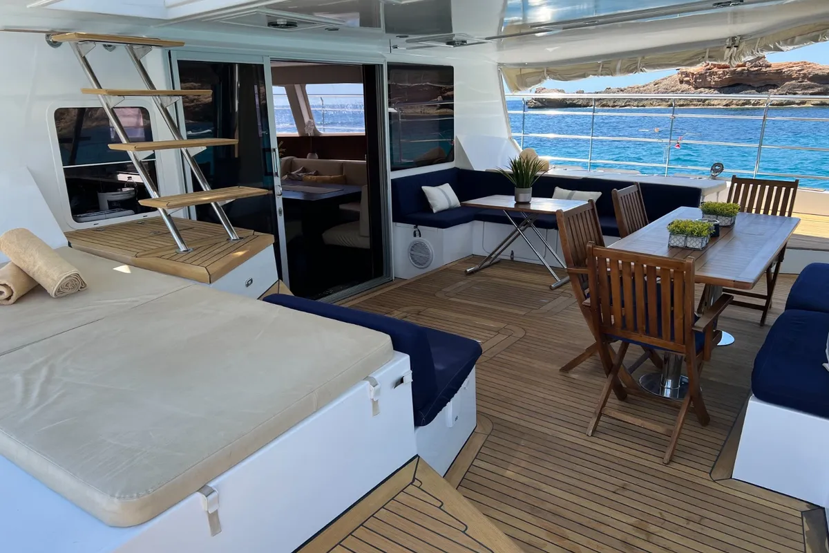 Deck of Tekila, a Sunreef 62 catamaran at Ibiza, Spain