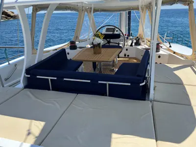 Cockpit of Tekila, a Sunreef 62 catamaran at Ibiza, Spain