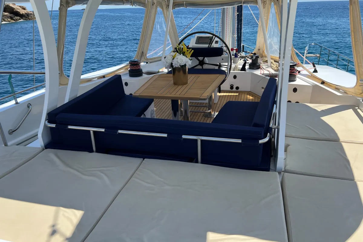 Cockpit of Tekila, a Sunreef 62 catamaran at Ibiza, Spain