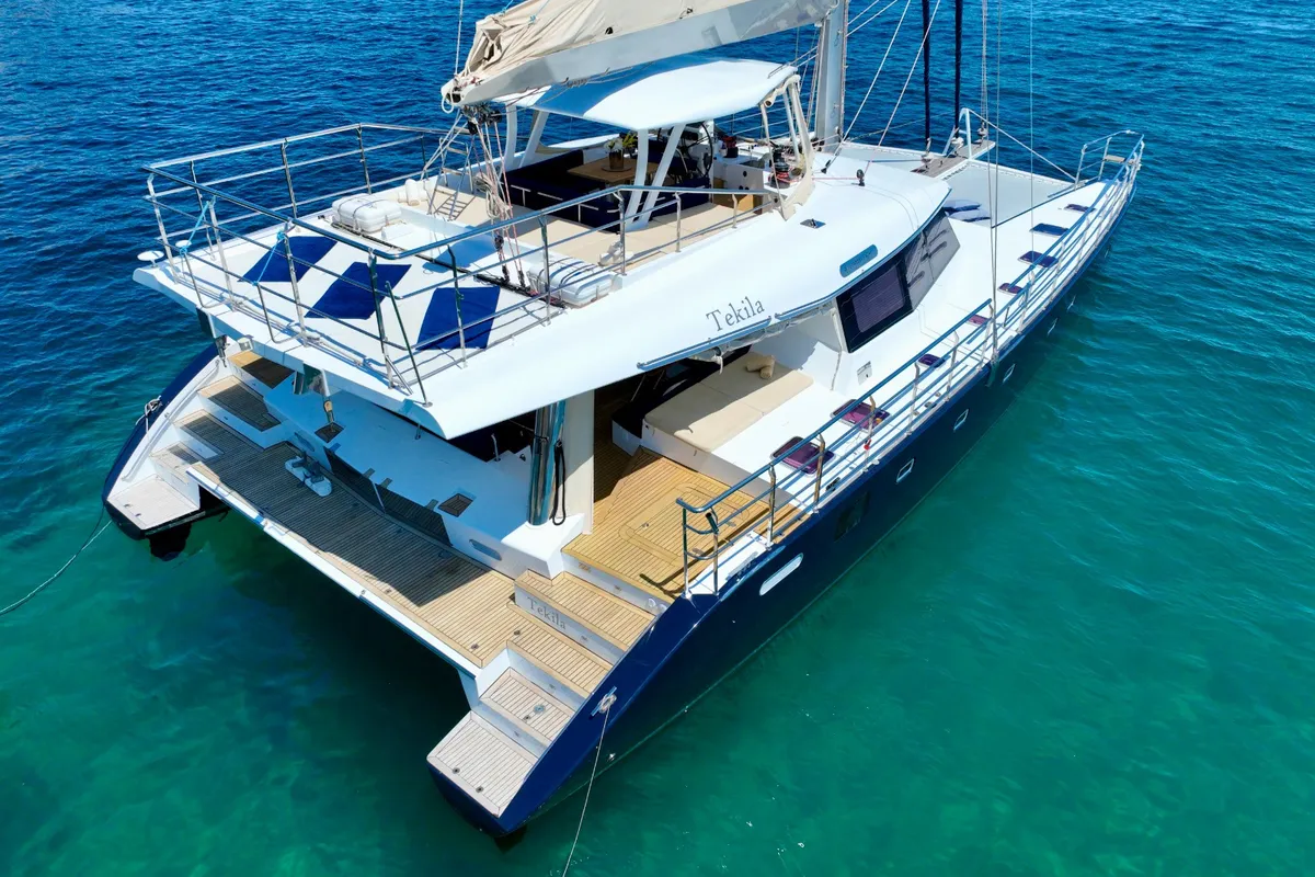 Exterior view of Tekila, a Sunreef 62 catamaran at Ibiza, Spain
