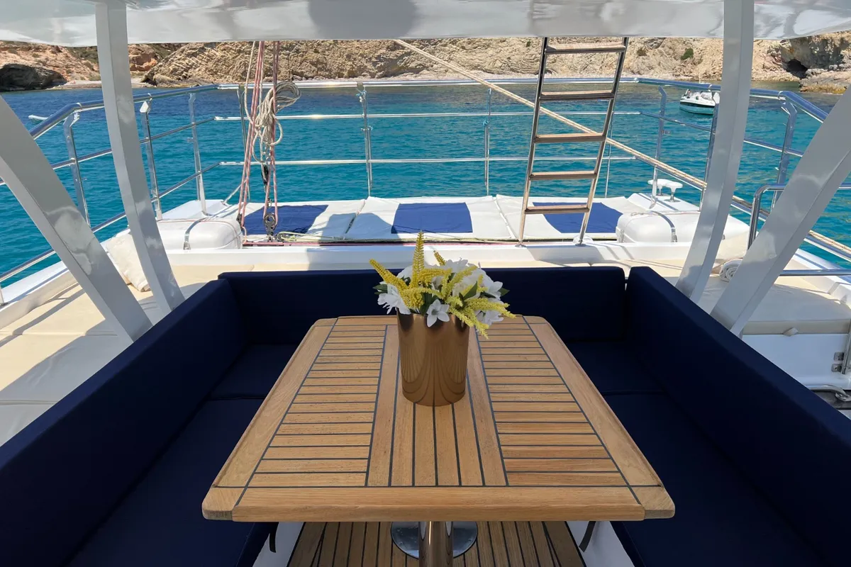 Deck of Tekila, a Sunreef 62 catamaran at Ibiza, Spain
