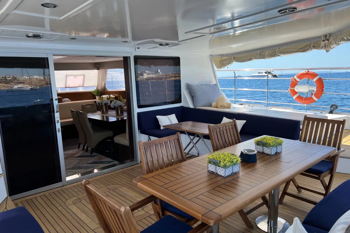 Deck of Tekila, a Sunreef 62 catamaran at Ibiza, Spain