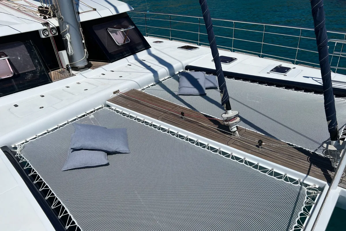 Deck of Tekila, a Sunreef 62 catamaran at Ibiza, Spain