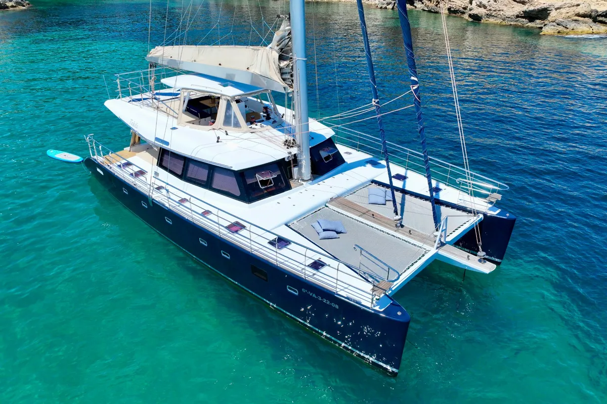 Exterior view of Tekila, a Sunreef 62 catamaran at Ibiza, Spain