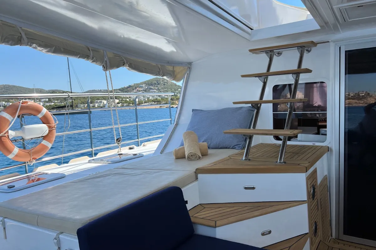 Deck of Tekila, a Sunreef 62 catamaran at Ibiza, Spain