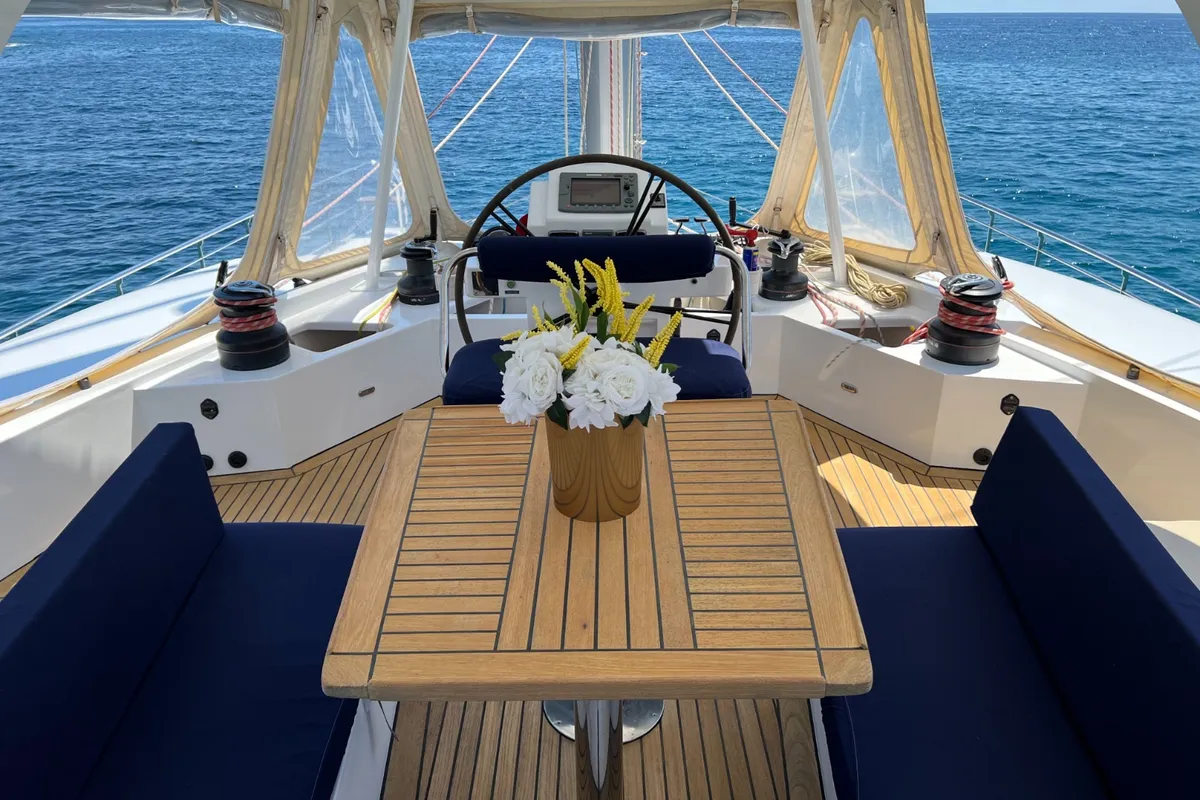 Cockpit of Tekila, a Sunreef 62 catamaran at Ibiza, Spain