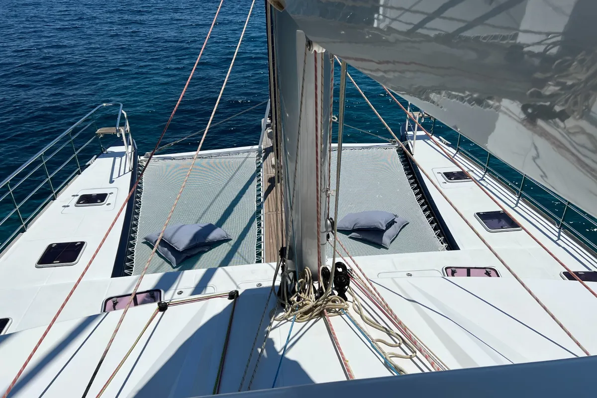 Deck of Tekila, a Sunreef 62 catamaran at Ibiza, Spain