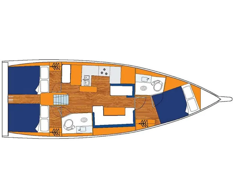 Floor plan of Sunsail 410 Premium, a Jeanneau Sun Odyssey 410 sailboat at Municipal Unit of Lefkada, Greece