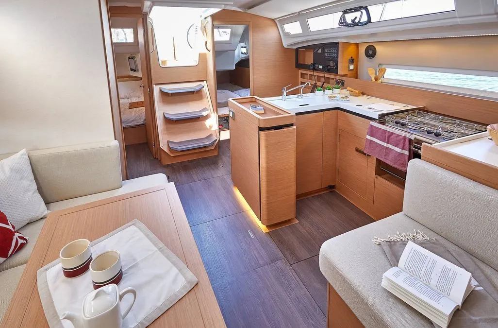 Salon of Sunsail 410 Premium, a Jeanneau Sun Odyssey 410 sailboat at Municipal Unit of Lefkada, Greece
