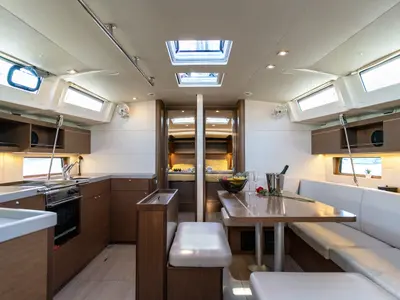 Salon of "Blue Odyssey, Beneteau Oceanis 46.1, 2020", a Beneteau Oceanis 46.1 sailboat at Municipal Unit of Nea Peramos, Gre…