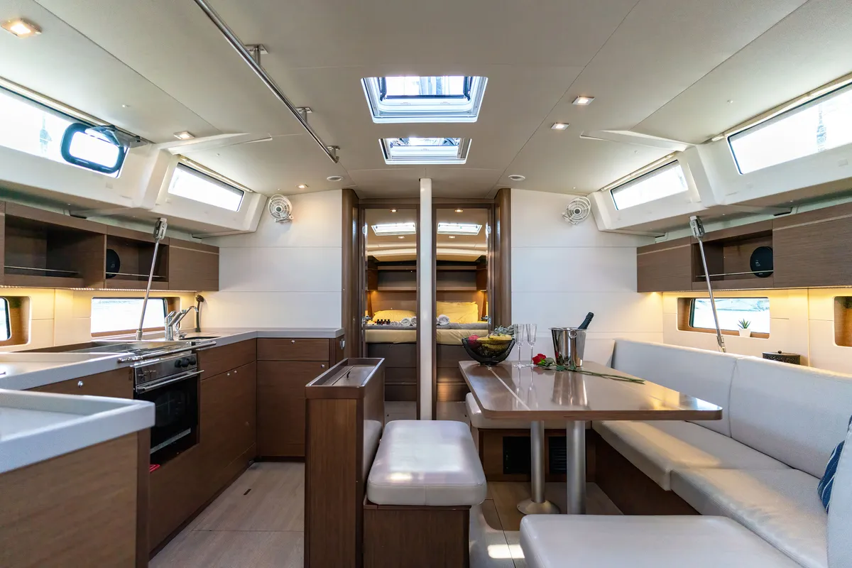 Salon of "Blue Odyssey, Beneteau Oceanis 46.1, 2020", a Beneteau Oceanis 46.1 sailboat at Municipal Unit of Nea Peramos, Gre…