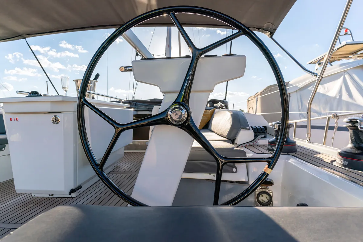 Cockpit of "Blue Odyssey, Beneteau Oceanis 46.1, 2020", a Beneteau Oceanis 46.1 sailboat at Municipal Unit of Nea Peramos, G…