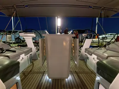 Cockpit of "Blue Odyssey, Beneteau Oceanis 46.1, 2020", a Beneteau Oceanis 46.1 sailboat at Municipal Unit of Nea Peramos, G…