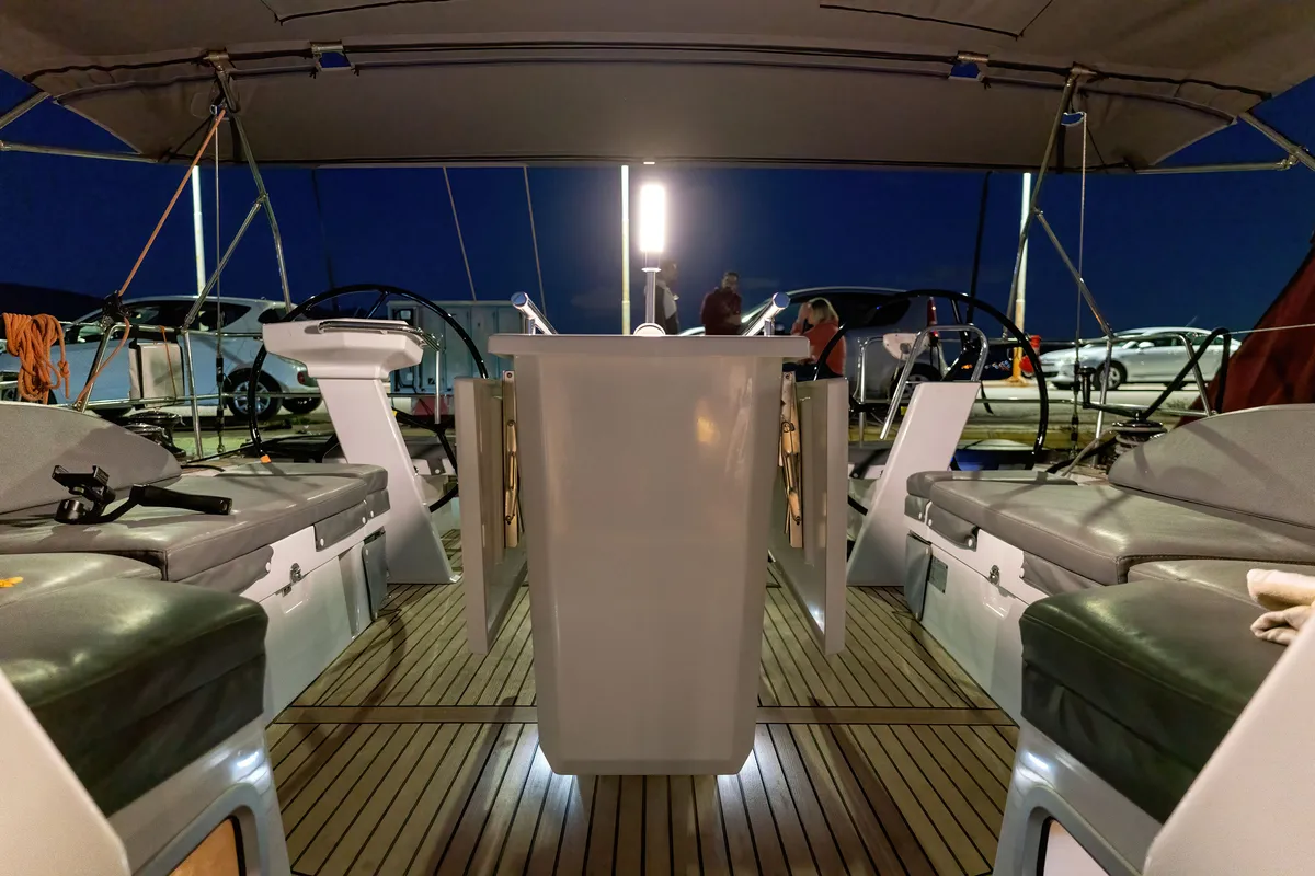 Cockpit of "Blue Odyssey, Beneteau Oceanis 46.1, 2020", a Beneteau Oceanis 46.1 sailboat at Municipal Unit of Nea Peramos, G…