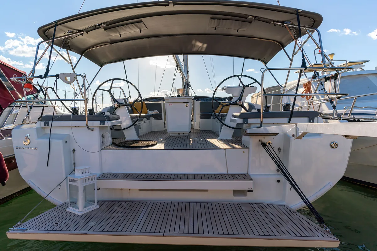 Deck of "Blue Odyssey, Beneteau Oceanis 46.1, 2020", a Beneteau Oceanis 46.1 sailboat at Municipal Unit of Nea Peramos, Gree…
