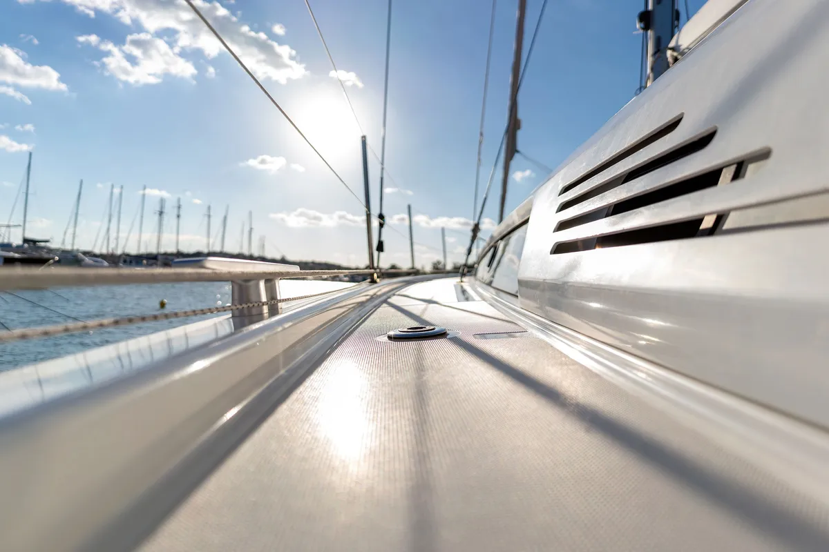 Deck of "Blue Odyssey, Beneteau Oceanis 46.1, 2020", a Beneteau Oceanis 46.1 sailboat at Municipal Unit of Nea Peramos, Gree…