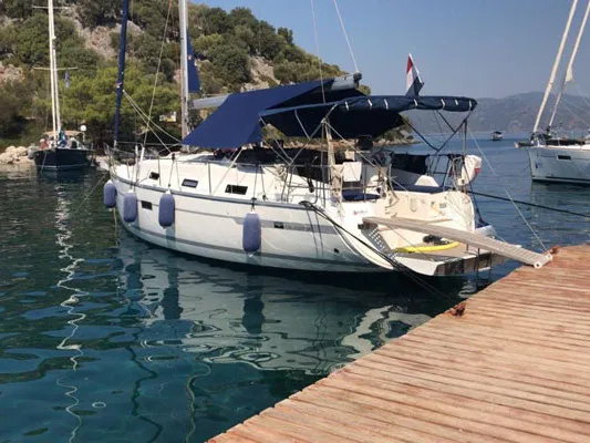 Exterior view of Zenith, a Bavaria Cruiser 36 sailboat at Fethiye, Turkey