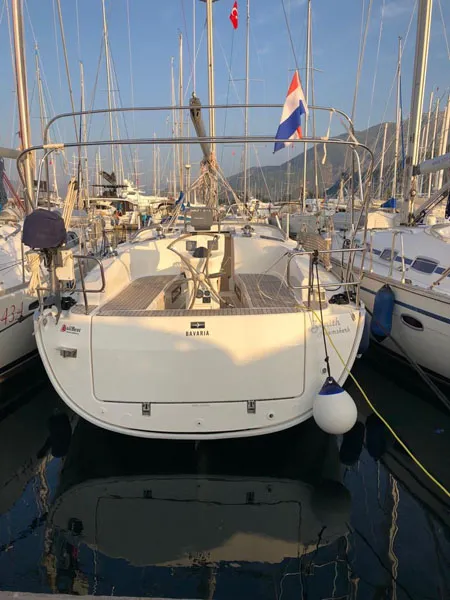 Exterior view of Zenith, a Bavaria Cruiser 36 sailboat at Fethiye, Turkey