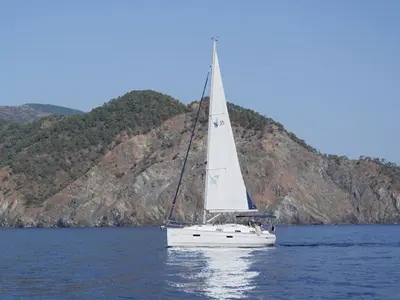 Exterior view of Zenith, a Bavaria Cruiser 36 sailboat at Fethiye, Turkey