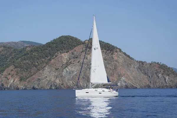 Exterior view of Zenith, a Bavaria Cruiser 36 sailboat at Fethiye, Turkey