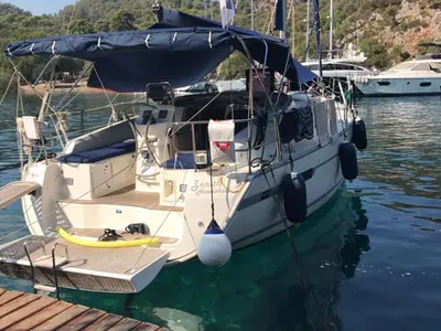 Deck of Zenith, a Bavaria Cruiser 36 sailboat at Fethiye, Turkey