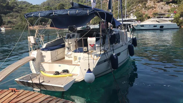 Deck of Zenith, a Bavaria Cruiser 36 sailboat at Fethiye, Turkey
