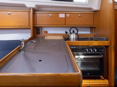 Galley of Nikitas, a Bavaria Cruiser 34 sailboat at Lefkada, Greece