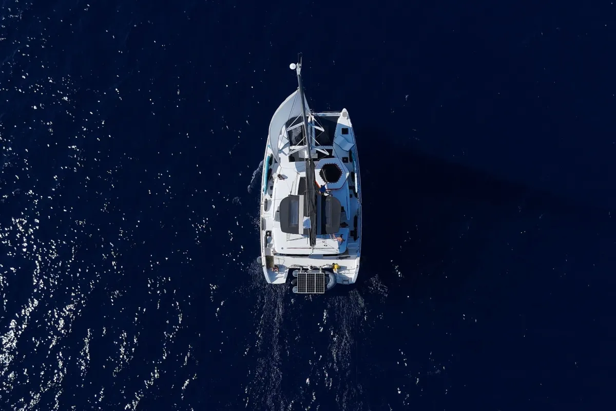 Exterior view of Pasea On, a Lagoon 450 F catamaran at Municipal Unit of Lefkada, Greece