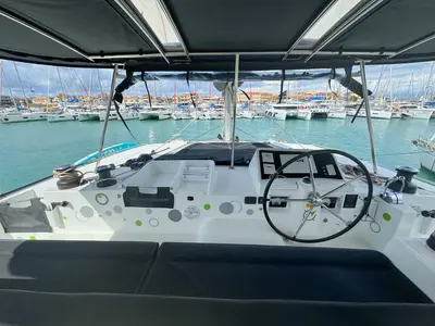 Cockpit of Pasea On, a Lagoon 450 F catamaran at Municipal Unit of Lefkada, Greece
