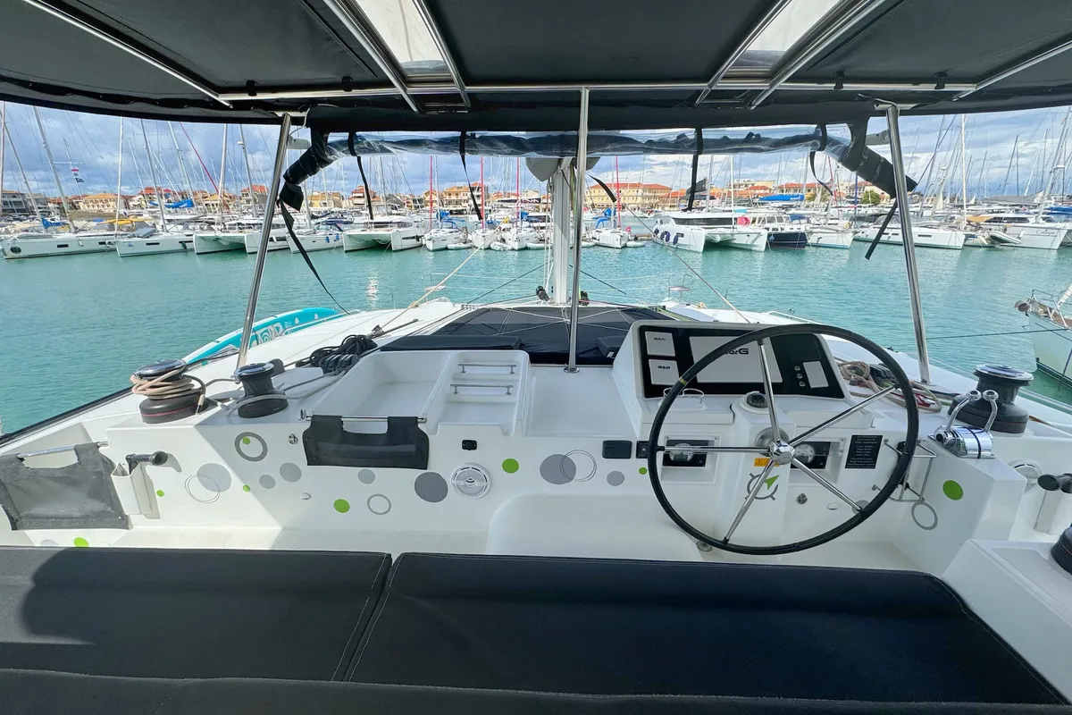 Cockpit of Pasea On, a Lagoon 450 F catamaran at Municipal Unit of Lefkada, Greece