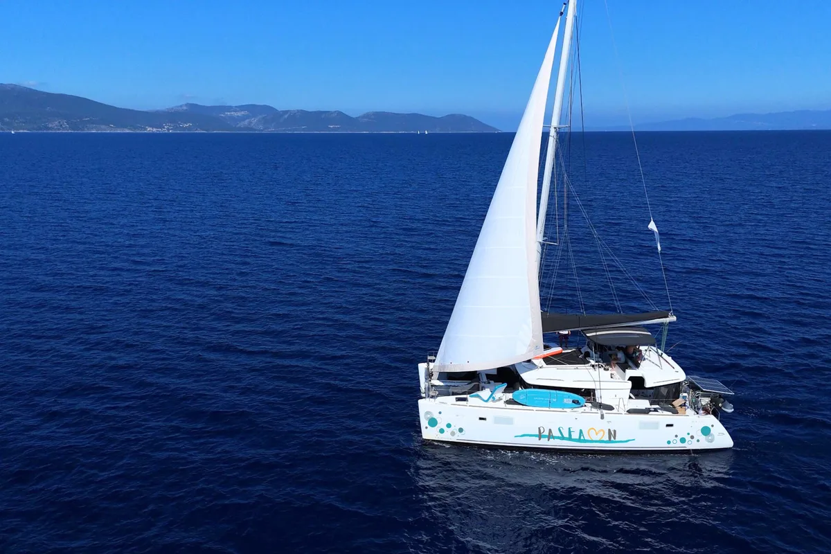 Exterior view of Pasea On, a Lagoon 450 F catamaran at Municipal Unit of Lefkada, Greece
