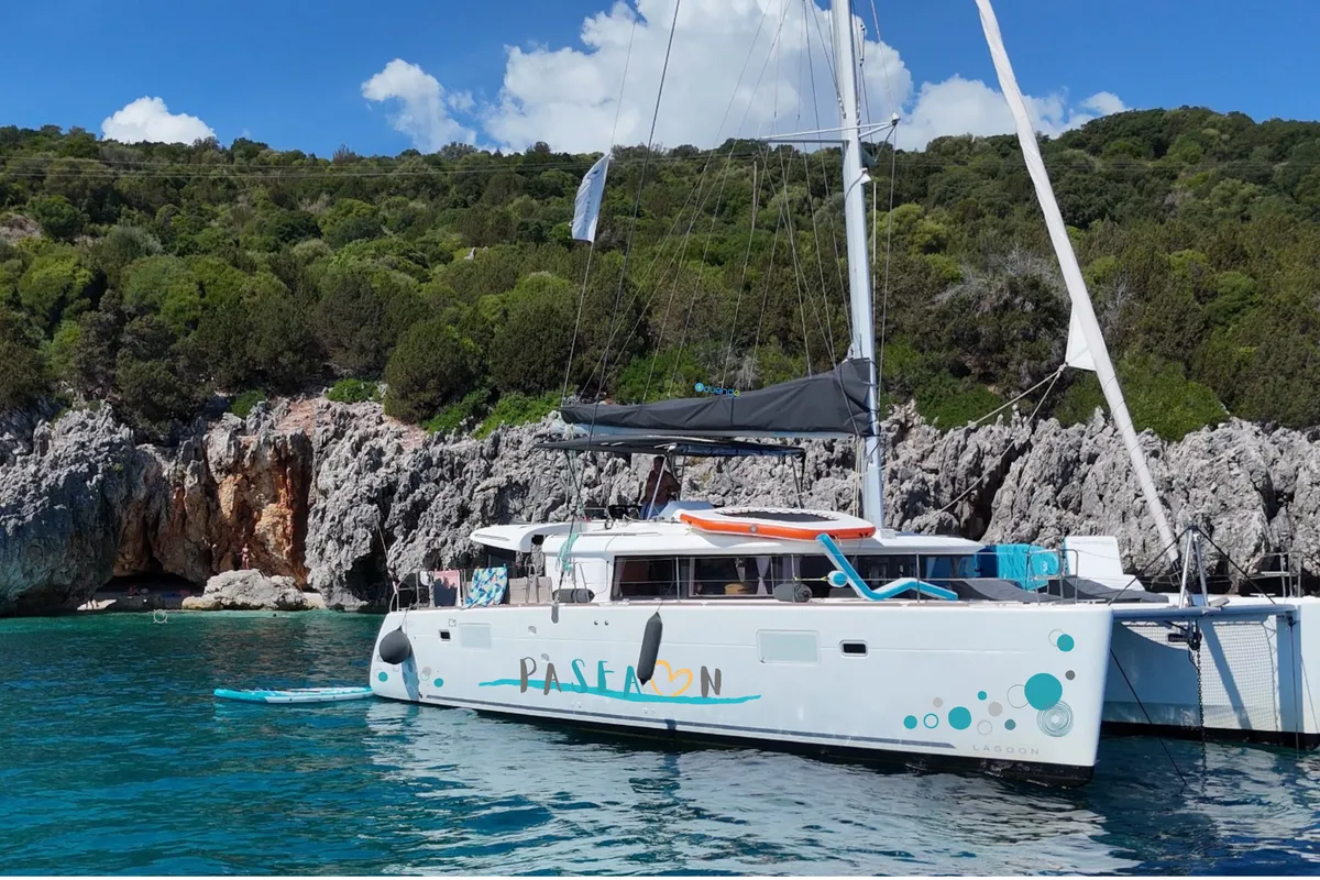 Exterior view of Pasea On, a Lagoon 450 F catamaran at Municipal Unit of Lefkada, Greece