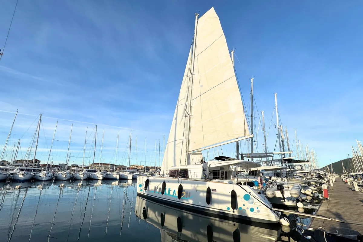 Exterior view of Pasea On, a Lagoon 450 F catamaran at Municipal Unit of Lefkada, Greece
