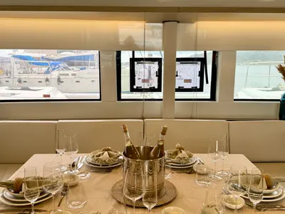 Salon of Errant Vagabond, a Lagoon 51 catamaran at Municipal Unit of Palairos, Greece