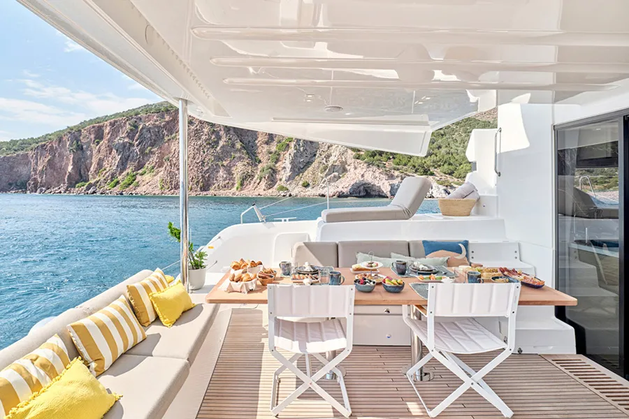 Deck of Errant Vagabond, a Lagoon 51 catamaran at Municipal Unit of Palairos, Greece