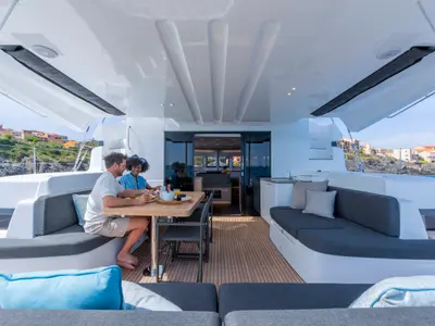 Deck of Errant Vagabond, a Lagoon 51 catamaran at Municipal Unit of Palairos, Greece