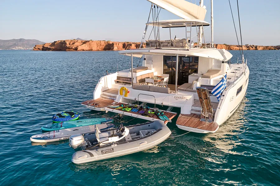 Exterior view of Errant Vagabond, a Lagoon 51 catamaran at Municipal Unit of Palairos, Greece