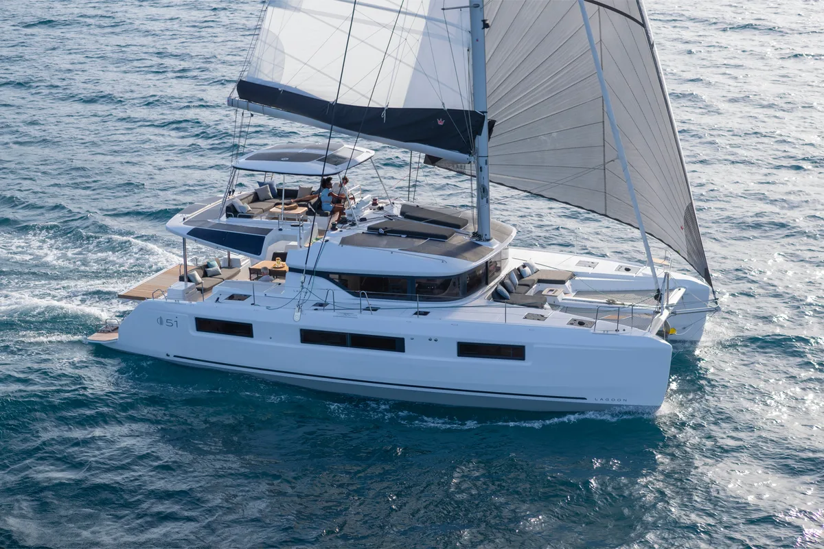 Exterior view of Errant Vagabond, a Lagoon 51 catamaran at Municipal Unit of Palairos, Greece