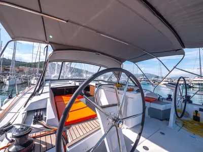 Cockpit of Amorino, a Beneteau Oceanis 46.1 sailboat at Split, Croatia