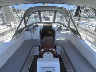 Cockpit of Mojito, a Bavaria C38 sailboat at Grad Pula, Croatia