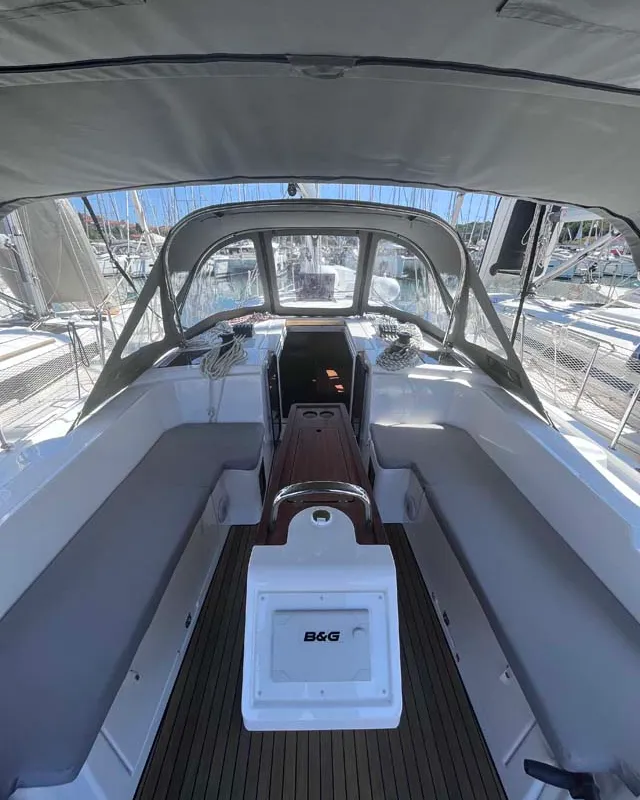 Cockpit of Mojito, a Bavaria C38 sailboat at Grad Pula, Croatia