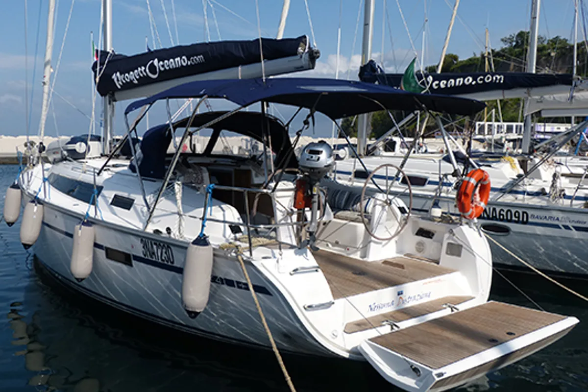 Exterior view of Nessuna Distrazione, a Bavaria Cruiser 41 sailboat at Procida, Italy