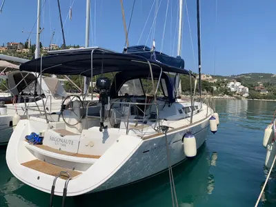 Cockpit of Argonaute, a Jeanneau Sun Odyssey 42 i sailboat at Municipal Unit of Lefkada, Greece