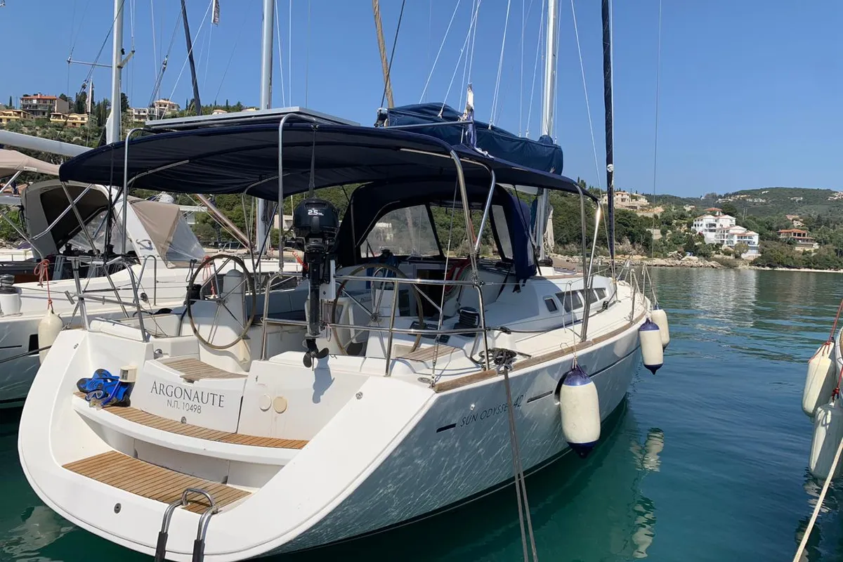 Cockpit of Argonaute, a Jeanneau Sun Odyssey 42 i sailboat at Municipal Unit of Lefkada, Greece